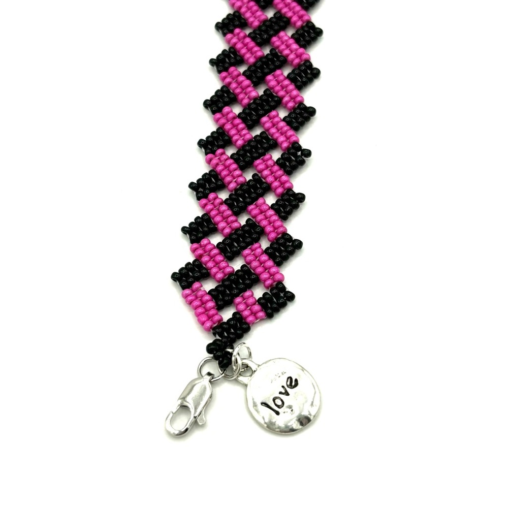 Hand Crafted Basket Weave Beaded Bracelet Fuchsia and Black - Picture 6 of 10